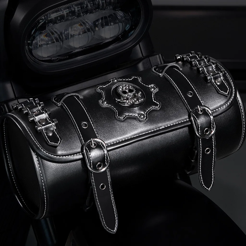 Cylinder motorcycle side bag with detachable shoulder strap and front-mounted tool storage compartment