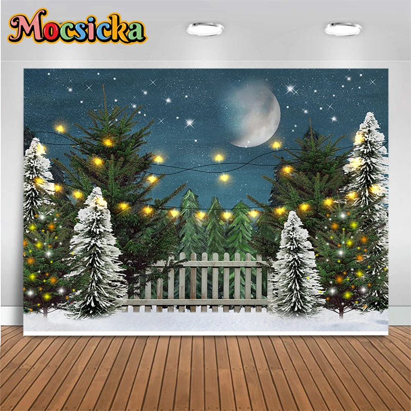 

Mocsicka Winter Christmas Decoration Photography Background Night Sky Shine Star Moon Lamp Forest Tree Fence Photo Backdrop Prop