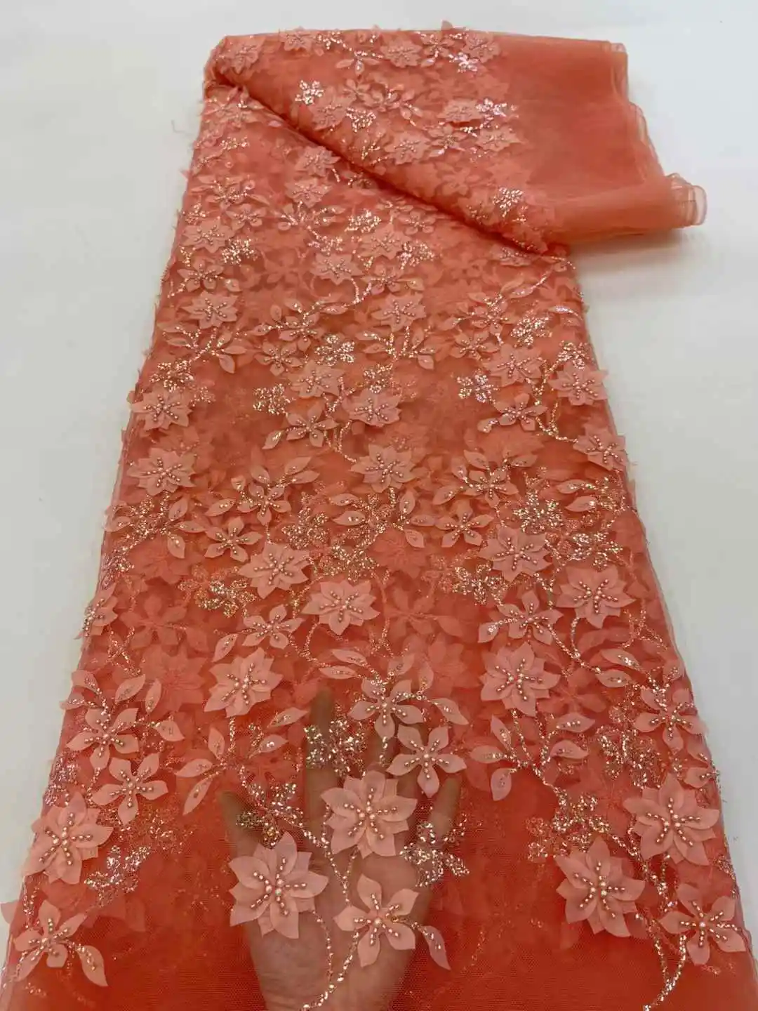 

Luxury Beaded Embroidery African Lace Fabric High Quality French Sequined Tulle Fabric For Nigerian Wedding Party Dress XZ-32254