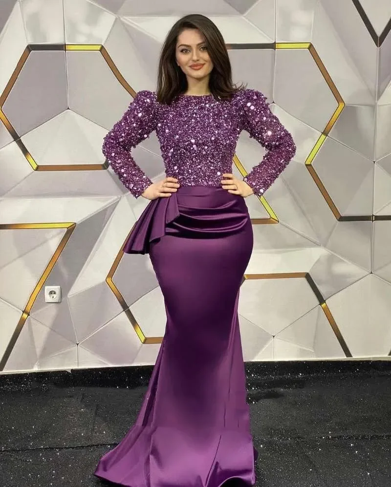 Purple Satin Sequined Mermaid Evening Dresses For Women 2024 O-Neck Long Sleeves Formal Event Gowns Formal Dresses Prom Gown