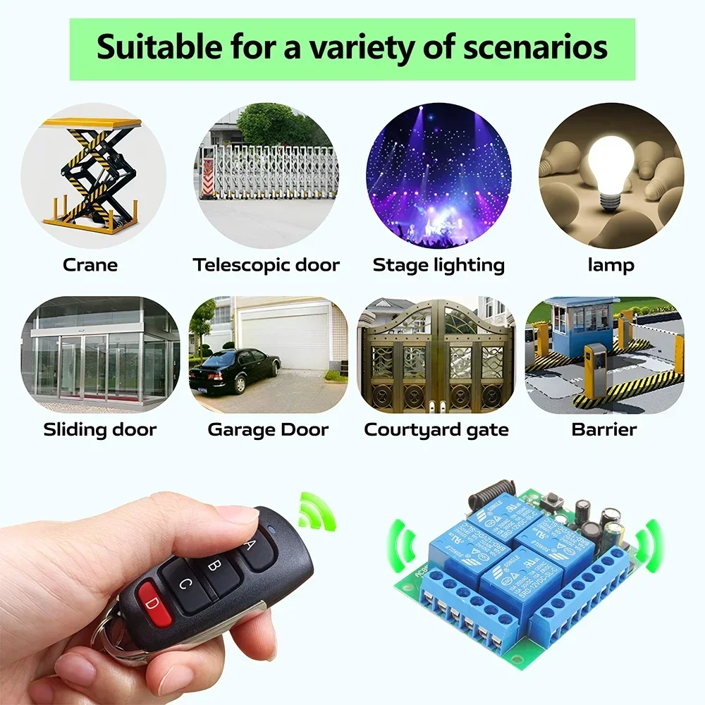 433MHz 4CH Wireless Remote Control Switch AC 110V 220V 10A RF Relay Receiver Module for Garage Door Light Motor DIY