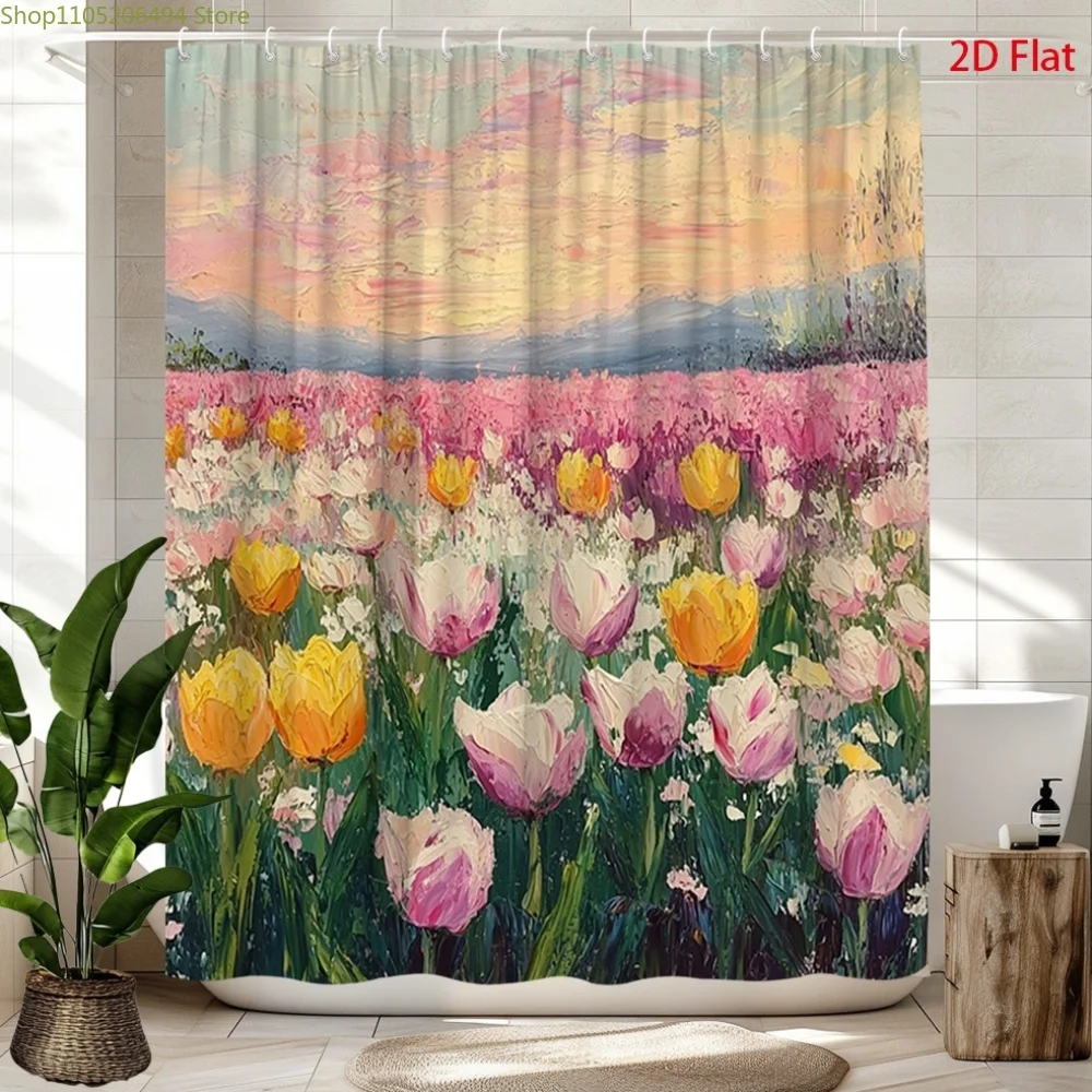 

2D плоская шторка для душа с тюльпанами, 1 шт. | Красочный цветочный пейзажный декор для ванной комнаты из полиэстера с 12 крючками