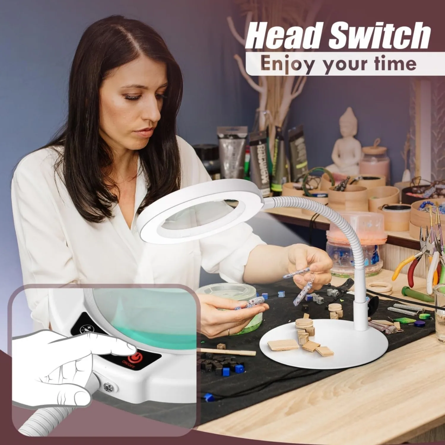 공예 취미 그림 닫기 작업을 위한 조명이 있는 핸즈프리 유연한 구즈넥 돋보기 - 흰색