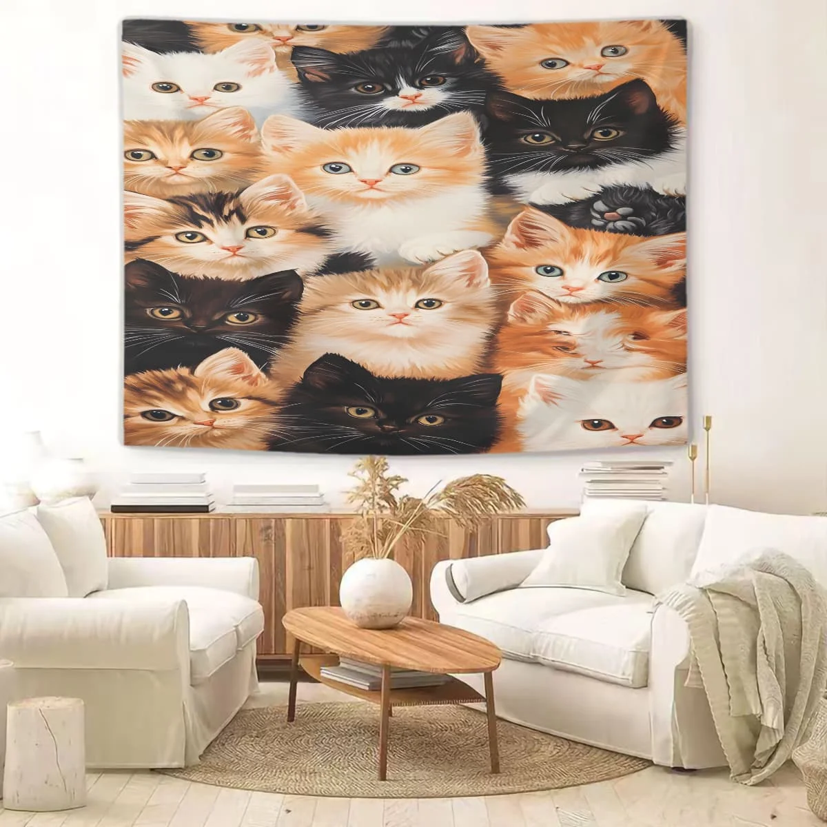 

Портретный гобелен группы котят: яркий тематический стиль домашних животных, идеально подходит для кошачьих кафе и молодежных живых помещений, для любителей живой кошачьих кошек.