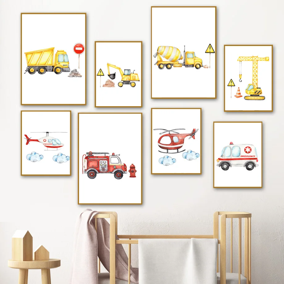 Transportation trucks Nursery Wall Art Mural Canvas Painting Helicopter Excavator Poster Print Picture Baby Boy Room Home Decor