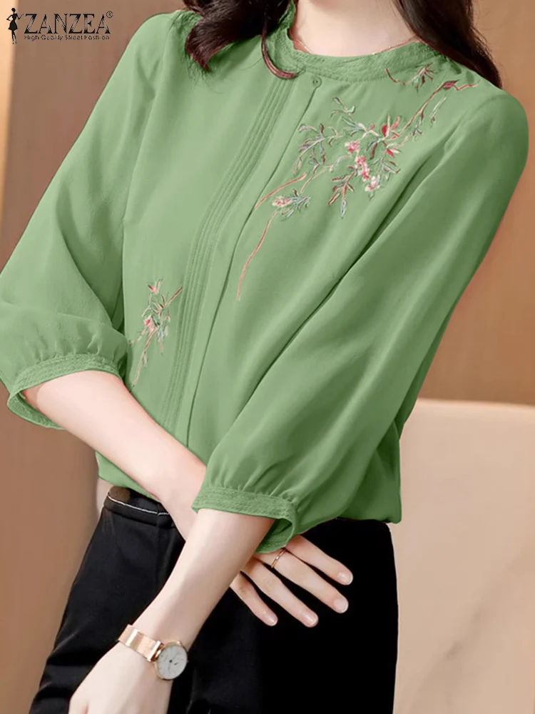 ZANZEA 2024 Summer Luxury Round Neck Tunic Retro 3/4 Sleeve Blusas Vintage Women Chiffon Blouse Elegant Floral Embroidery Tops