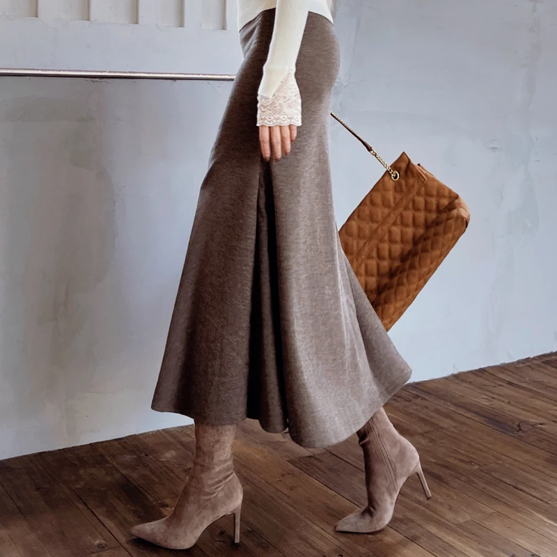 

Women's Knit Long Skirt High Waist Mermaid Fall Winter Coffee Color DM2DSK005
