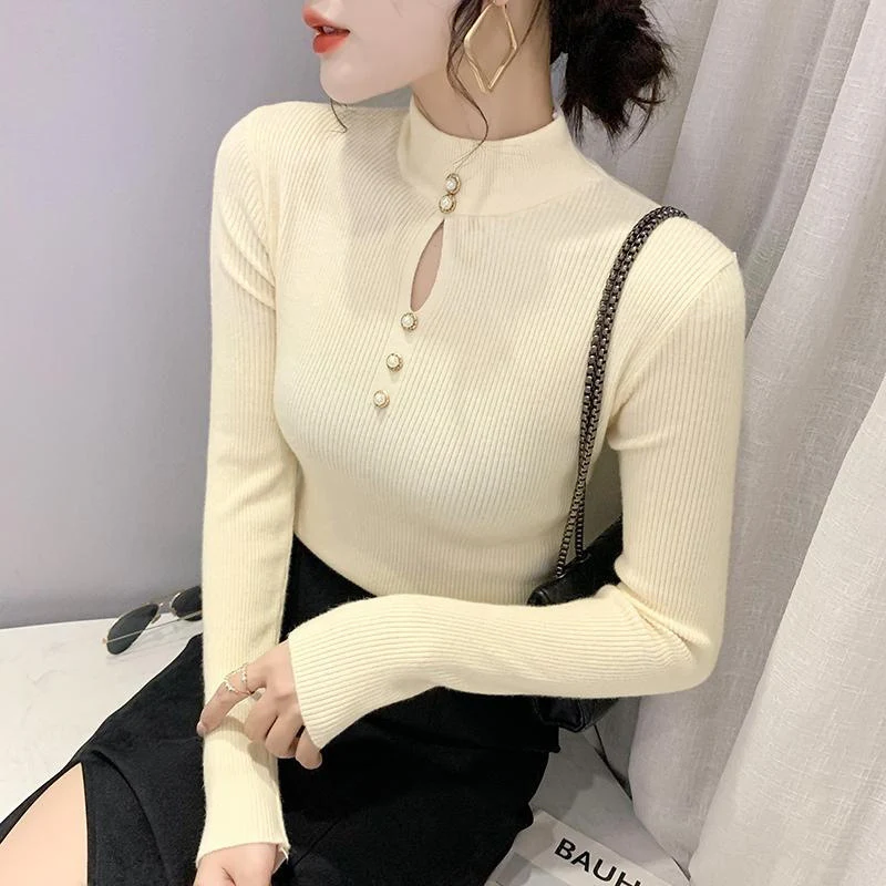 Autumn Winter Korean Basic Top Female Sexy Hollow Chic Elegant Slim Pullover Knitted Sweater Long Sleeve Women's Clothing Jumper