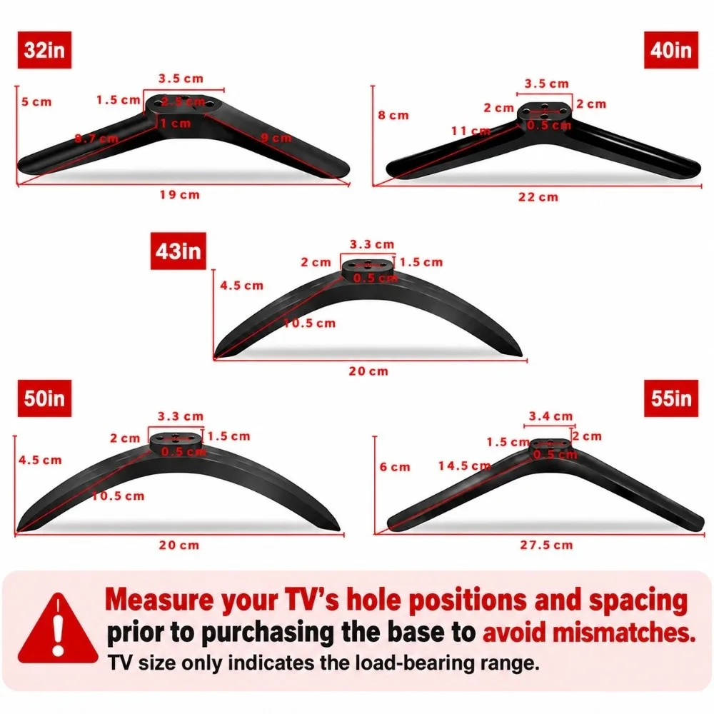 Universal TV Base Stand Legs with Non-slip Pads with Screws TV Stand Base Mount Black Television Tabletop Foot Bedroom