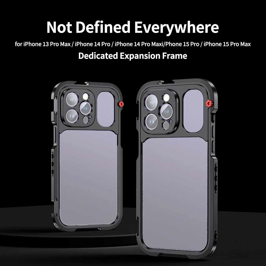 قفص معدني للهاتف المحمول آيفون 15 برو/15 برو ماكس خارجي 1.55X مجموعة مرشحات العدسة مثبت مدونة فيديو مصباح ليد حامل ميكروفون