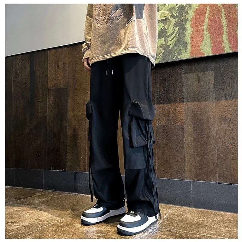 New Men's Pants Ribbons Hip Hop Streetwear Big Pocket Drawstring Yellow Black Draped Loose Long Straight Young Trousers Man