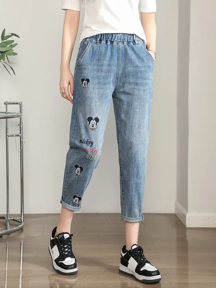 Elastic High Waist Harem Jeans Women\'s Summer Thin Cropped Loose Slim Fit Embroidery Oversize Denim Daddy Pants Female