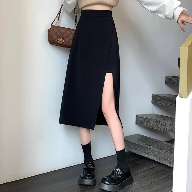 High-waisted Slimming Medium-length A- line Skirt For Women Fashionable Korean Style Side Slit Petite Jump Skirt