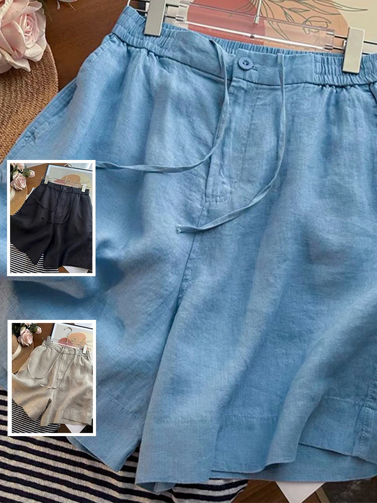 

Однотонные хлопковые и льняные повседневные брюки длиной пять четвертей с эластичной резинкой на талии, свободные прямые широкие брюки для больших размеров...