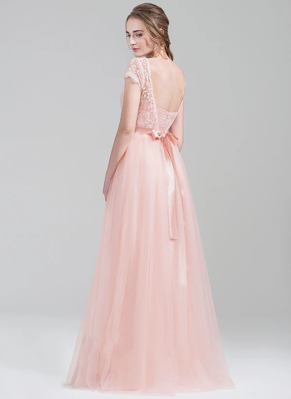 FATAPAESE Bridesmaid Dress  A-Line/Princess Scoop Neck Floor-Length Tulle Lace Wedding Guest  Dress With Bow Party Gown