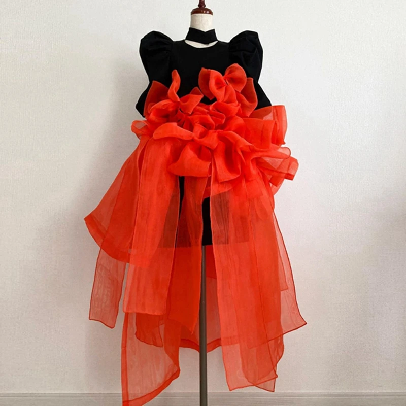 Unique Handmade Flower Women Summer Dresses Coral Red Organza Short Prom Party Gowns Custom Made Brithday Photography Dress