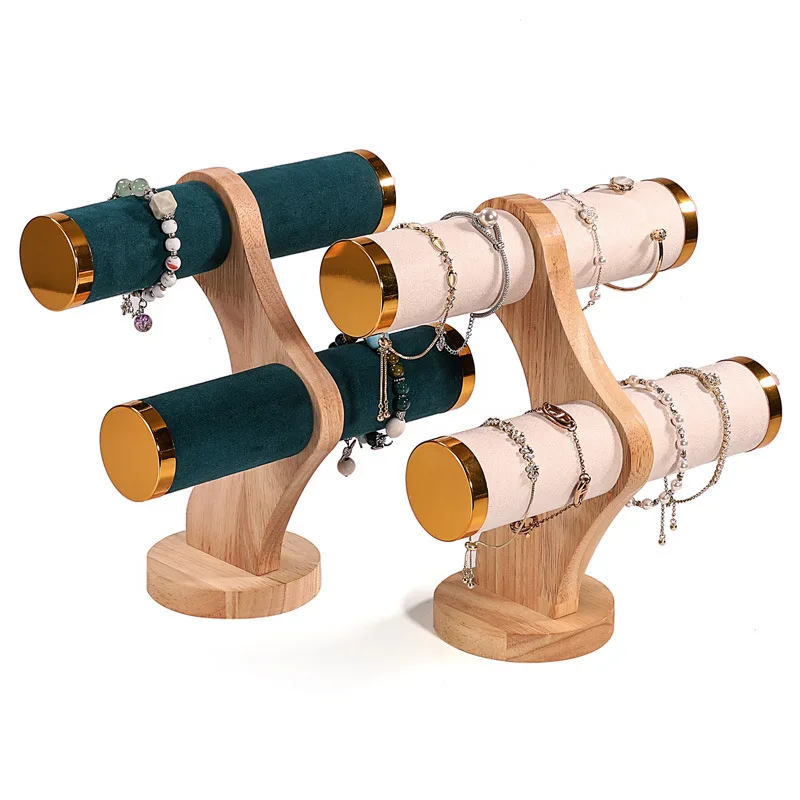 2-Tier Curved Wood Bracelet Holder Velvet & PU Leather Bangle Watch Display Stand Jewelry Store Counter Display Photography Prop