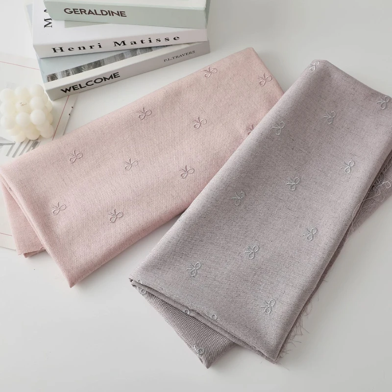 Ins Three-dimensional Cute Bow Embroidery Linen Fabric Shirt Dress Pants Clothing Fabric Drape and Slightly Elastic