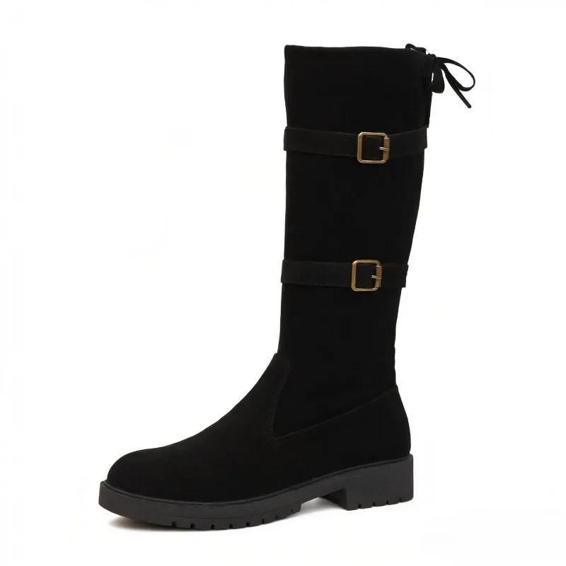Botas de media caña para mujer, con suela plana y tacón bajo, doble hebilla, fabricadas en ante y cuero sintético, con cremallera lateral, ideales para otoño e invierno, calzado casual para montar a caballo.