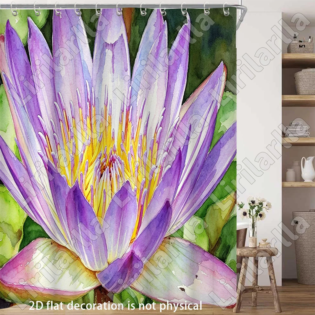 Realistic Watercolor Lotus Flower Pattern Shower Curtain Tropical Water Lily Floral Bathroom Decor Shower Liner Home Decoration