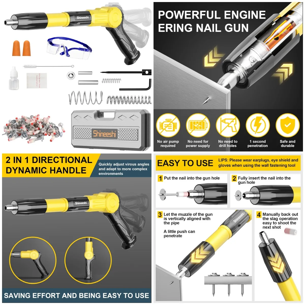 

Ручной пистолет для бетонных гвоздей, набор мини-стальных пистолетов для гвоздей с 100 гвоздями, 5-скоростная регулируемая рукоятка, портативный инструмент для съемки стен (желтый)