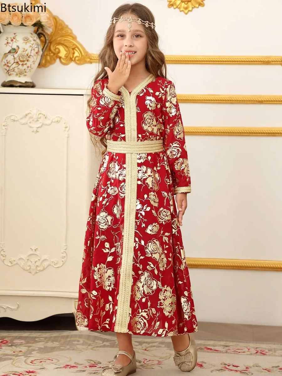 Arabic Dubai Gowns Girls Muslim Dress Middle East Clothes Fashion Birthday Party Prom Dresses Ethnic Style Islamic Kaftan Robes 3