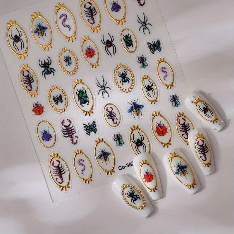 5D Embossed Insect Nail Art Self-Adhesive Stickers - Scorpion, Ladybug and Spider Pattern with Gold Embellishment for Nail Art D