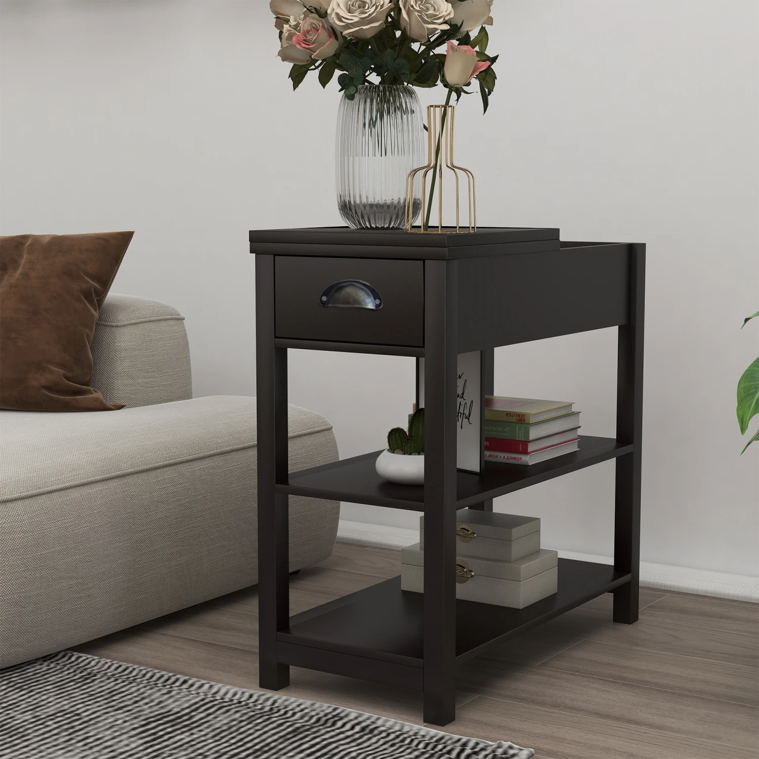 

Narrow Sided Table with Drawers and Bottom Partition in Flip Over Design - Brown