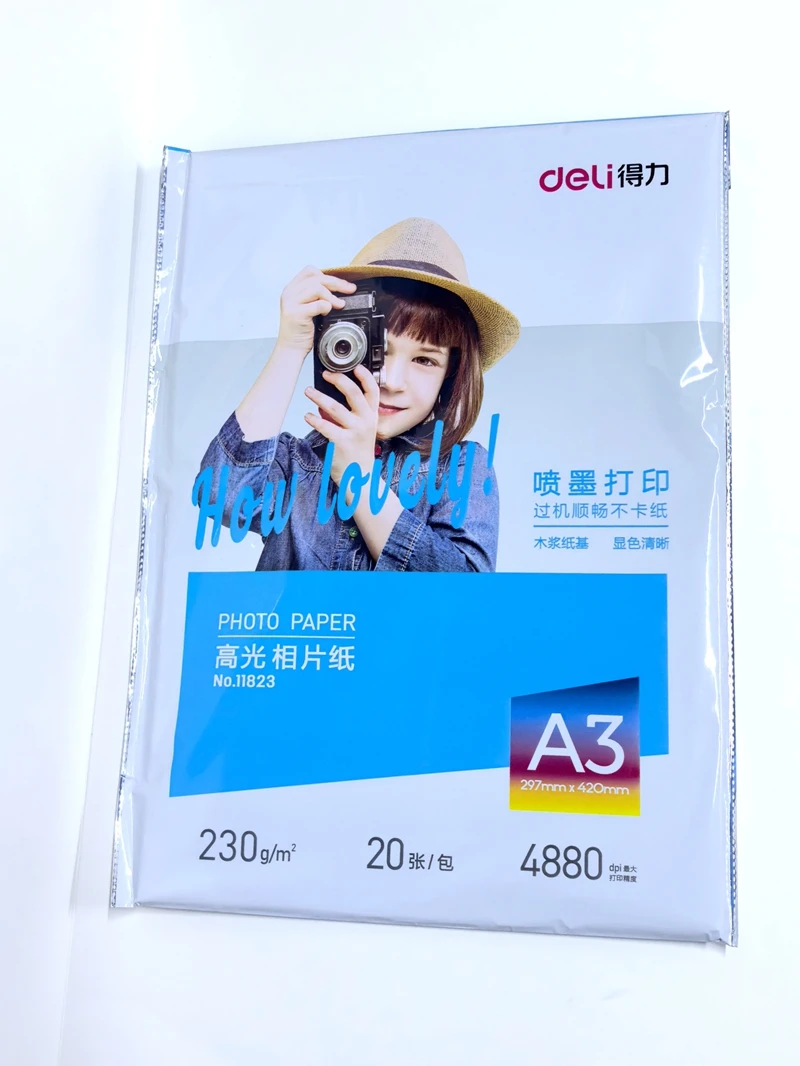 Deli 11823 Glänzendes Fotopapier, 20 Blatt/Beutel, 230 g Farbtintenstrahl-Druckerpapier im A3-Format (297 x 420 mm), für den Fotodruck