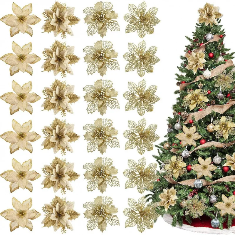 8 Stück künstliche Weihnachtsblumen mit Clip, Weihnachtsbaumschmuck für Heimdekoration, Neujahr, DIY, Weihnachtskranz, Bastelzubehör