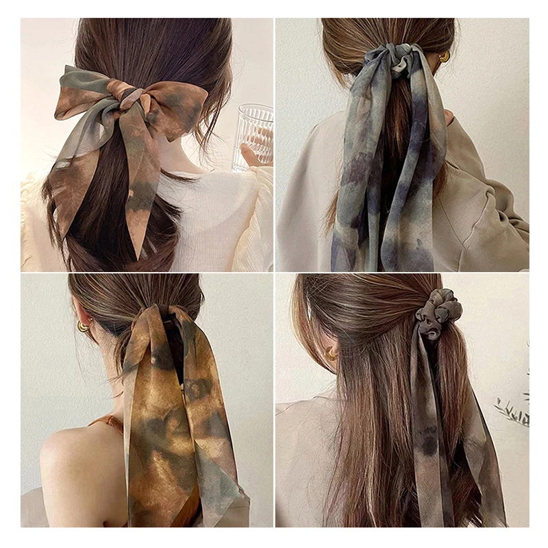 

Women Scrunchies Headwear Satin Ribbon Bows Long Hair Ties Girls Ponytail Holder Ties Hair Rubber Bands Hair Accessories