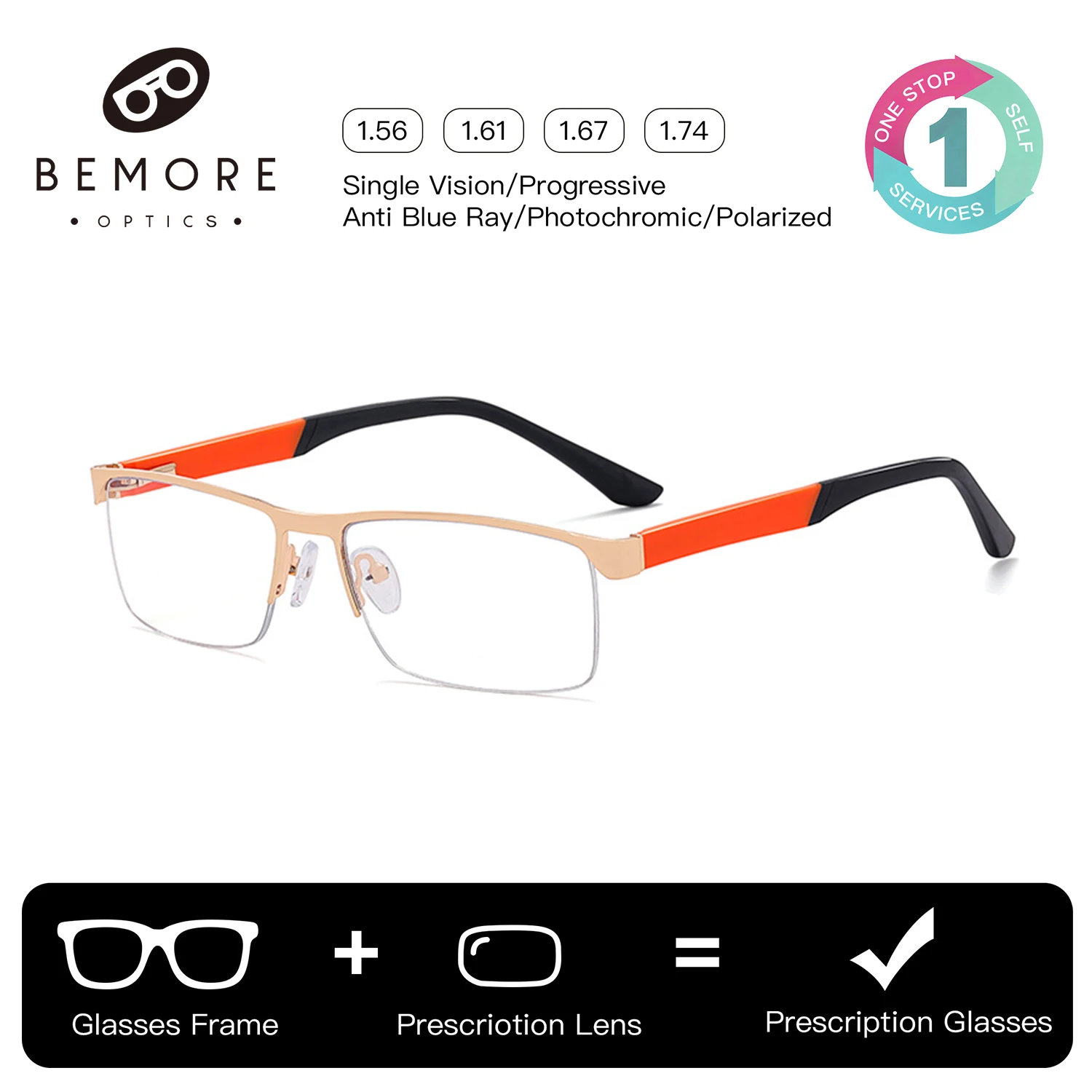 

BEMORE Custom Rectangle Ultralight Metal Progressive Glasses Man Anti-Blue Light Multifocal Half Rimless Prescription Eyewear