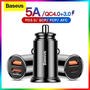 Baseus USB 차량용 충전기 빠른 충전 4.0 QC4.0 QC3.0 QC SCP 5A PD 유형 C 30W iPhone Xiaomi 휴대 전화 용 고속 차량용 USB 충전기