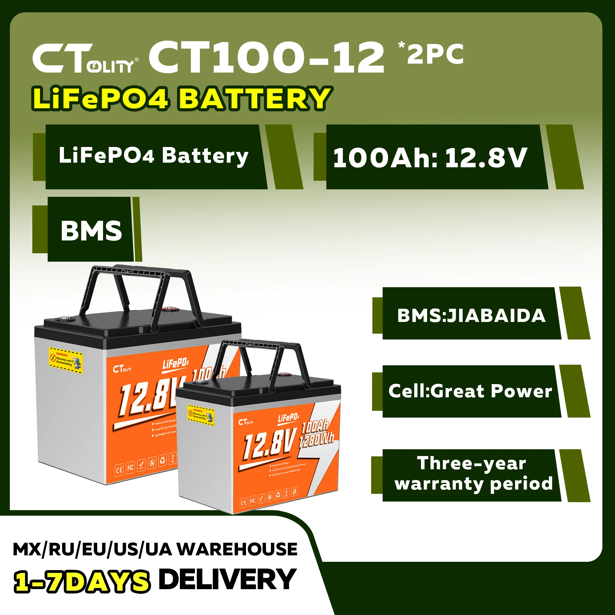 

CTOLITY 2 шт. CT100-12 12.8В 100Ач LiFePO4 аккумулятор с BMS для 12В аккумуляторов, ксеноновых ламп, солнечных систем хранения энергии, инверторов