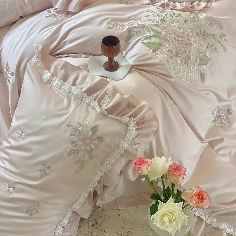 Quality Bedding Sets Vintage Flower Embroidery Lace Quilt Cover Home Stitch Plaid Bed Sheet Pillowcase Duvet Cover King Queen 이불