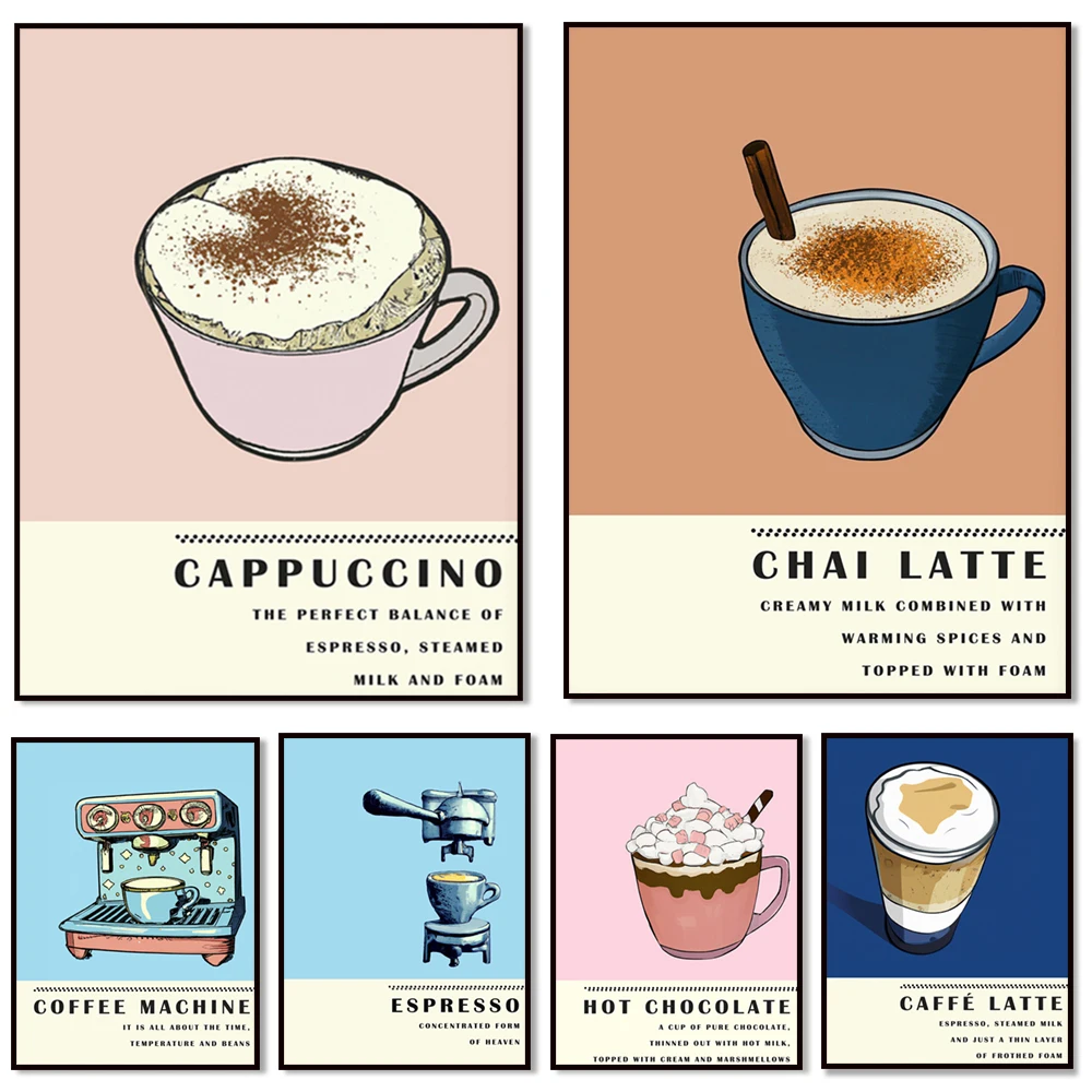 Coffee Lovers Espresso Art Poster - Chai Latte Latte Cappuccino Hot Chocolate Cafe Kitchen Decor Gift