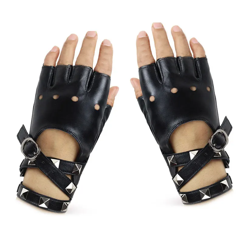 1 Paar Motor Punk Handschoenen Unisex Pu Lederen Vingerloze Handschoenen Vrouwelijke Halve Vinger Rijden Vrouwen Mannen Uitgehold Sport Guantes Hot