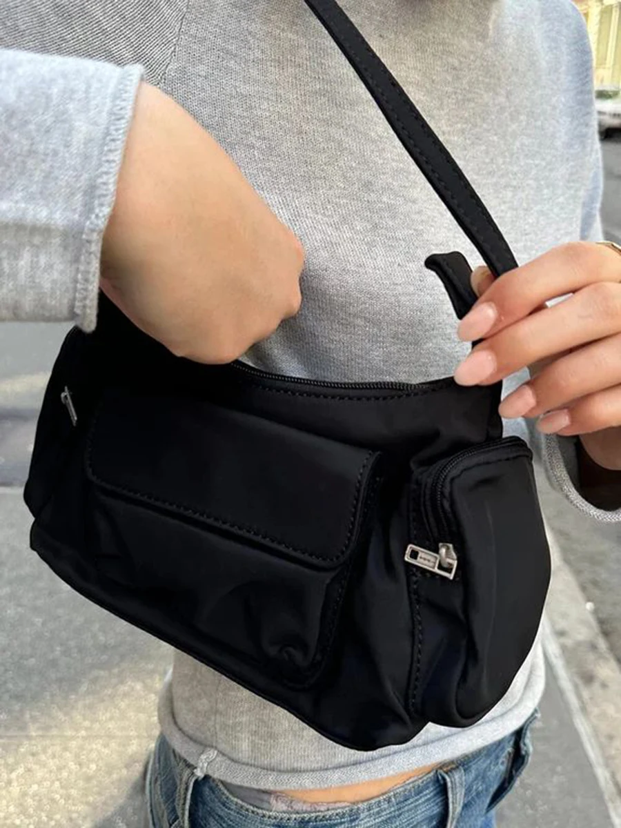 Bolso de hombro negro con bolsillos Vintage para mujer, bolsos de alta calidad con cremallera para las axilas, bolsos femeninos de moda de calle