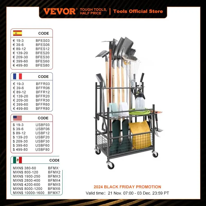 VEVOR 16 Slots Garden Tool Organizer Yard Tool Tower Rack with Hooks Wheels Long-Handled Rake Stand Holder for Garage Storage