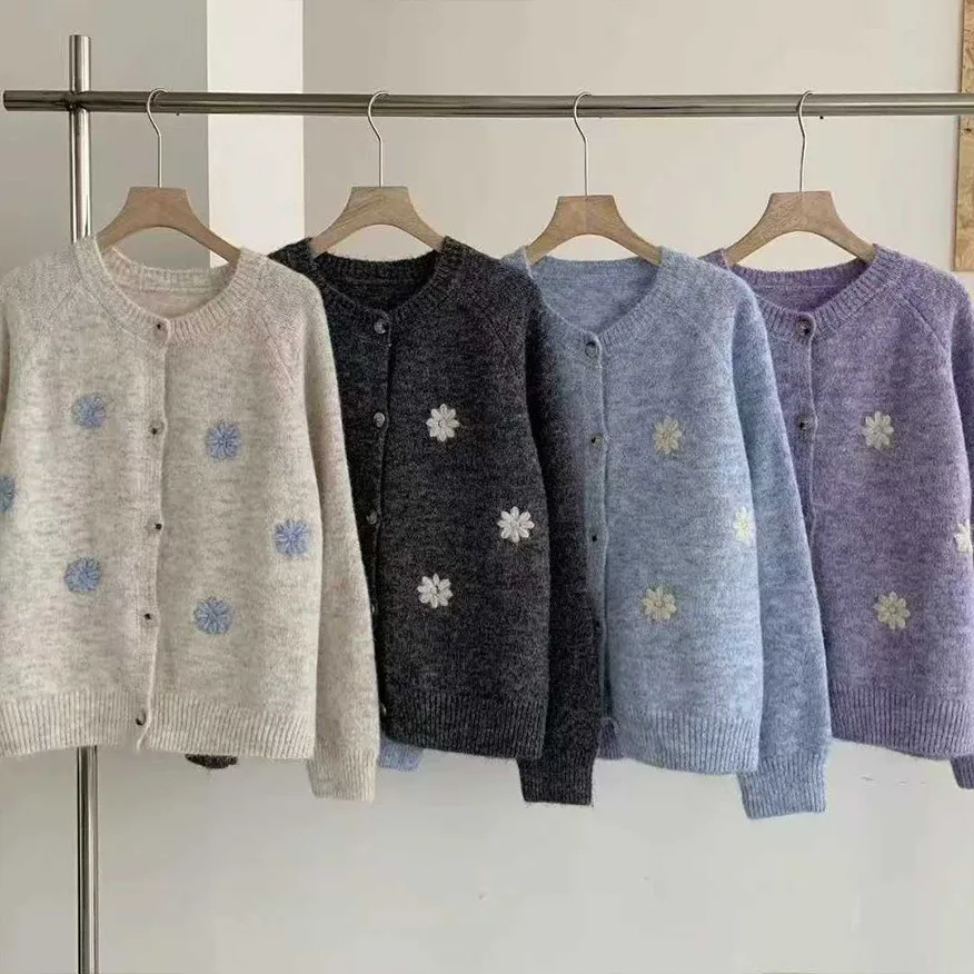 Mantel Wanita Kardigan Sweater Mantel Jaket Leher Bulat Lengan Panjang Jumper Y2k Streetwear Rajutan Elegan Jahitan Terbuka Musim Gugur Musim Dingin