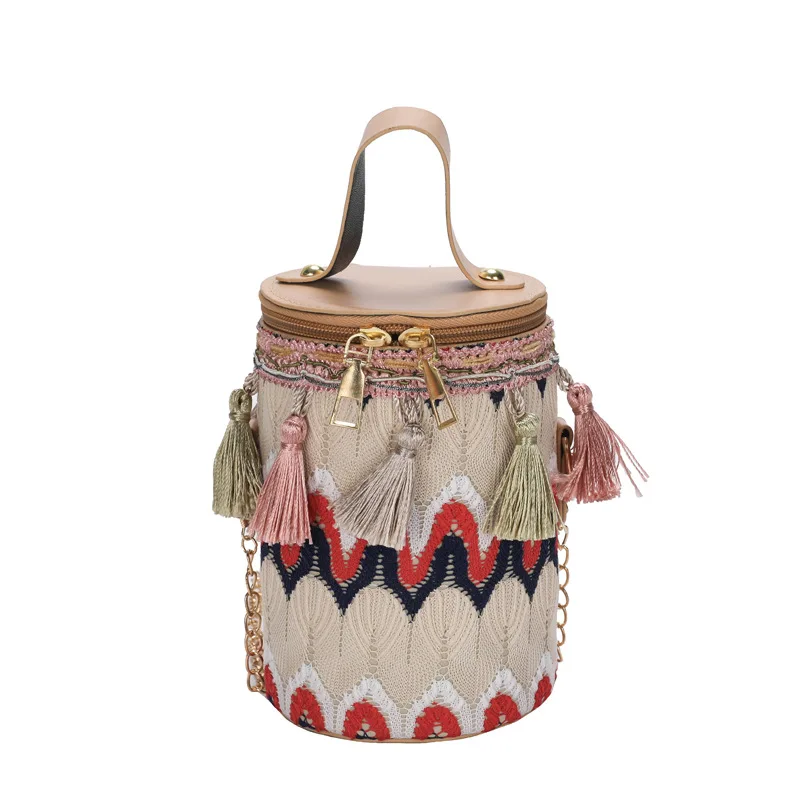 

2025 trendy and ethnic style cylindrical bag with niche design single shoulder crossbody bag, retro tassel bucket bag