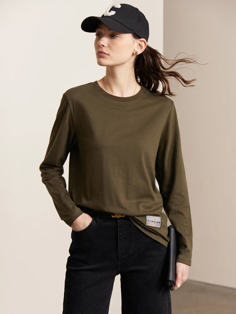 AMII Minimalisme Blouse Dames 2023 Lente Nieuwe Katoenen Tops T-shirt met lange mouwen Sticker Borduren Wit onderhemd 12341069