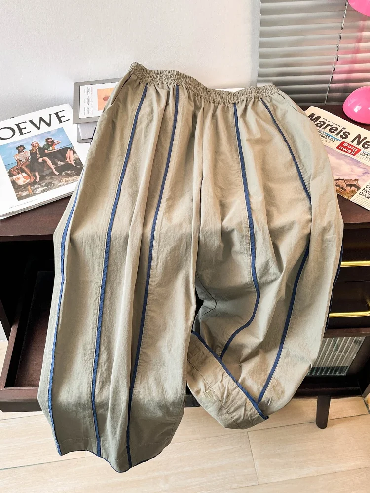 Pantalones de pierna ancha de lino y algodón con contraste retro para mujer Primavera Verano sueltos elásticos de cintura alta adelgazantes drapeados rectos nueve...