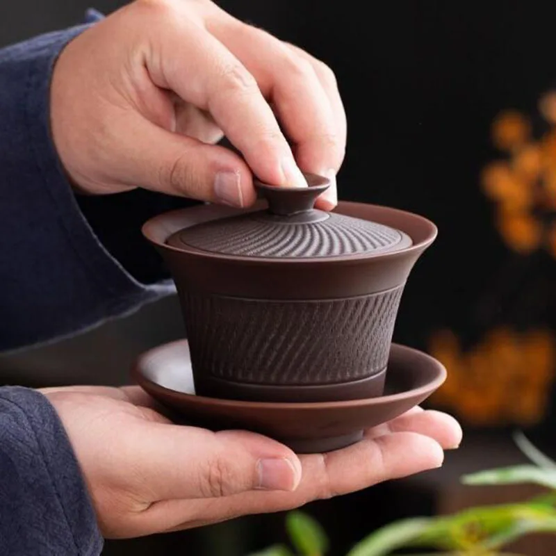 Purple Clay Sancai Gaiwan Kungfu Tea Bowl Tea Cup Tea Pot Hovering Bowl Cover Kitchen Teaware Drinking Accessories
