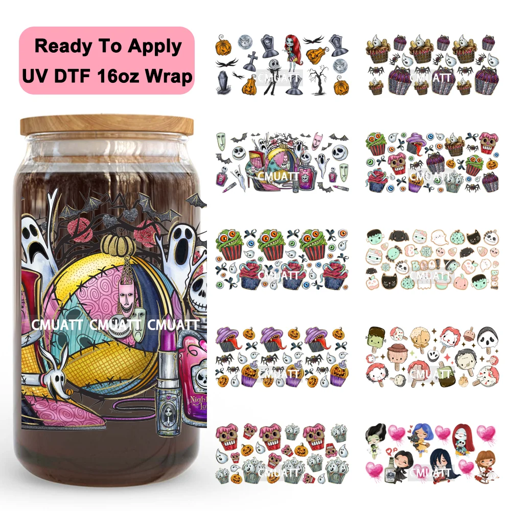 

Spooky Halloween Cupcakes Boo Pumpkin Gift 16OZ UV DTF Cup Wraps Ready To Apply Waterproof Transfer Sticker For Libbey Glass Can