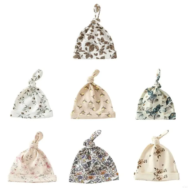 

97BC Baby Soft Cotton Hat Infant Tail Knot Beanie Flower Printed Bonnet for Newborn Boys Girls Shower Gifts