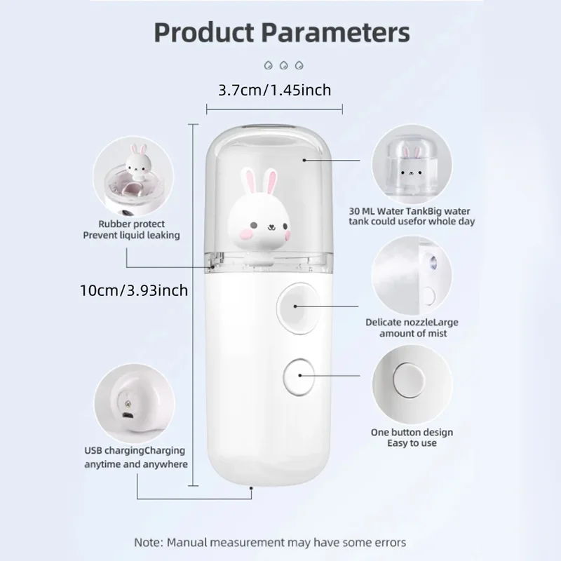 토끼 디자인 휴대용 미니 나노 공기 가습기, USB 무화기 공기 청정기, 아로마 테라피 에센셜 오일 디퓨저 하이드레이터, 30ml