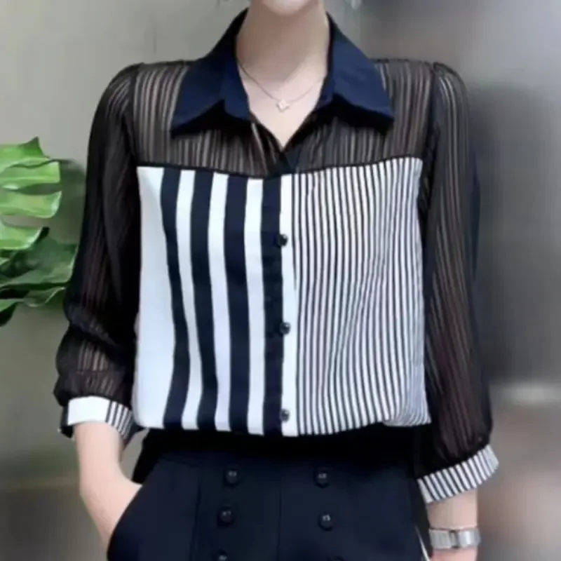 

Striped Spliced Shirt Spring Autumn Commute Single-breasted Women's Clothing Fashion Polo-Neck Asymmetrical Loose Blouse B536