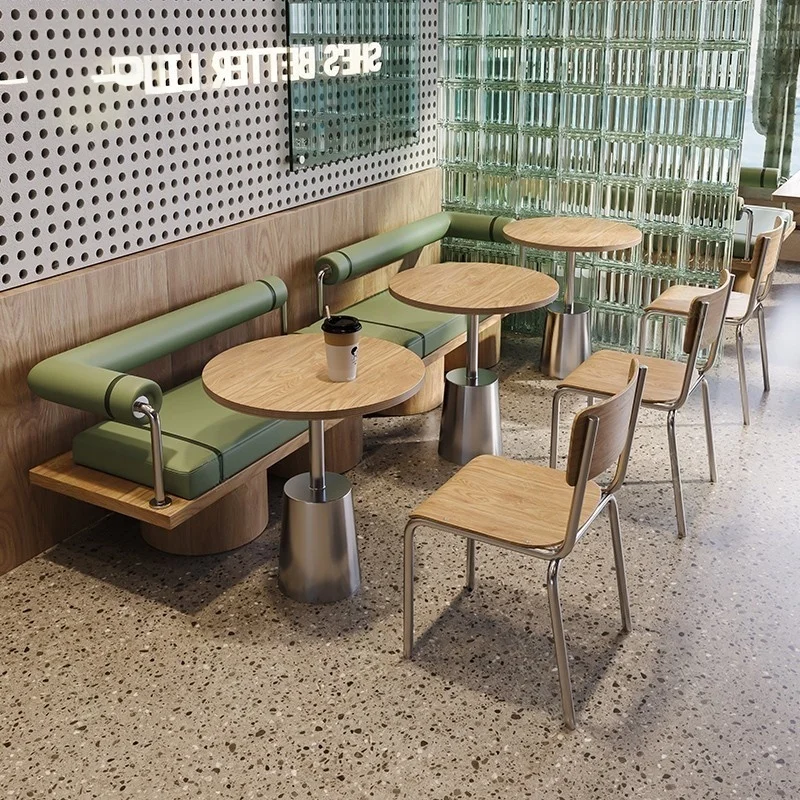 custom.Cafe Solid Wood Card Sofa Restaurant Milk Tea Store Dessert Store Catering Stainless Steel Table and Chair Combinati