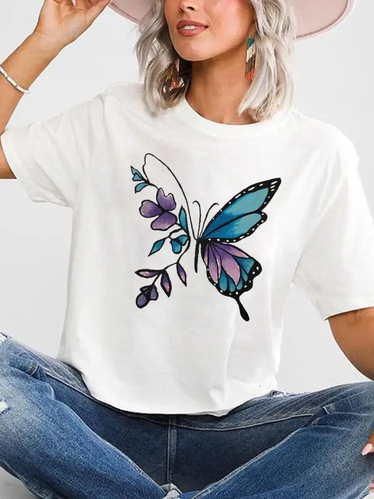 

Flower Wing Butterfly Style Short Sleeve T Top Graphic Tee Print Women Summer Cartoon Shirt Female T-shirts Fashion Clothing